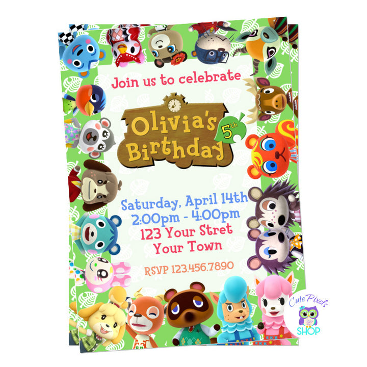 Animal Crossing Birthday Invitation with text in pink and all Animal crossing characters around border.