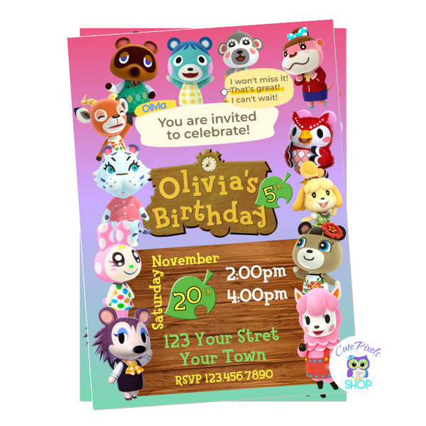 Animal Crossing Birthday, Invitation in blue with many girl animal crossing characters