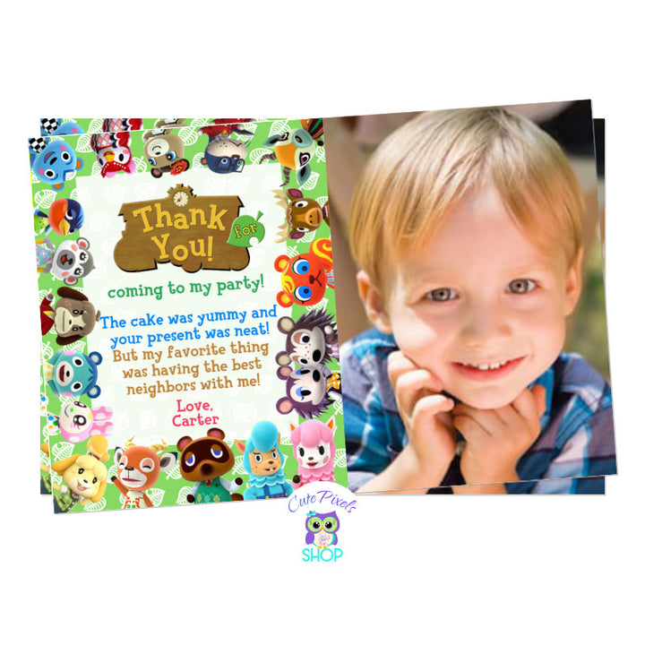 Animal Crossing Thank You Card for a perfect Video game birthday party with all villagers and neighbors from Animal crossing. Including child's photo.