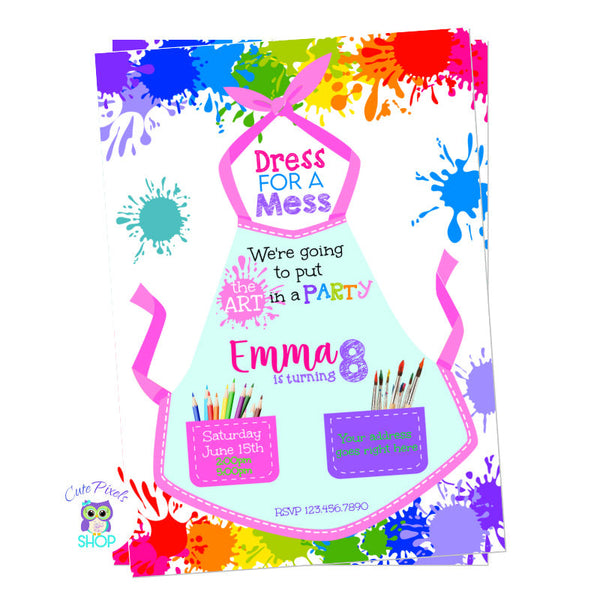 Paint Party Invitation with an apron full of paint splashes and paint splatter perfect for an art party
