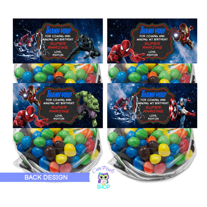 Avengers Bag toppers. Avengers treat bag labels with front and back design to fold onto favor bags including Avengers, captain America, Iron Man, Hulk, Black Panther, Spiderman. Thank you message on back