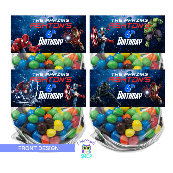 Avengers Bag toppers. Avengers treat bag labels with front and back design to fold onto favor bags including Avengers, captain America, Iron Man, Hulk, Black Panther, Spiderman.