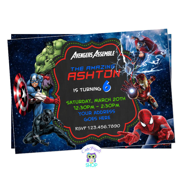 Avengers Invitation with all Superheroes ready for a birthday, including Captain America, Iron Man, Hulk, Thor, Black Panther and Spiderman