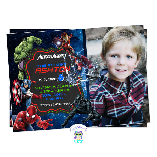 Avengers Invitation with all Superheroes ready for a birthday, including Captain America, Iron Man, Hulk, Thor, Black Panther and Spiderman with child's photo