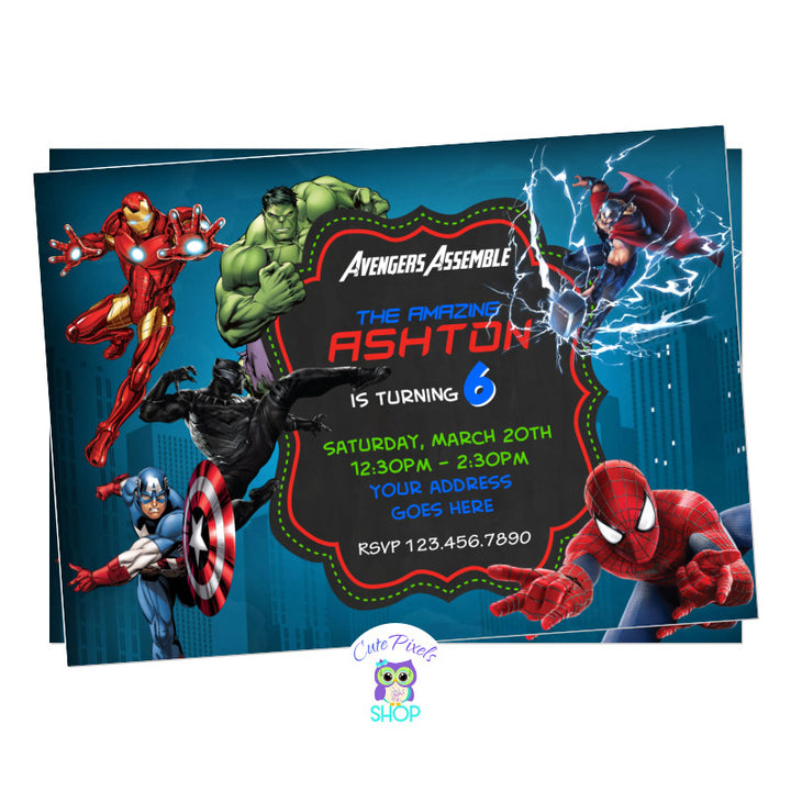 Avengers invitation comic city background with all superheroes on it, Spiderman, Captain America, Hulk, Iron Man, Thor and Black Panther ready to a Superhero Birthday party