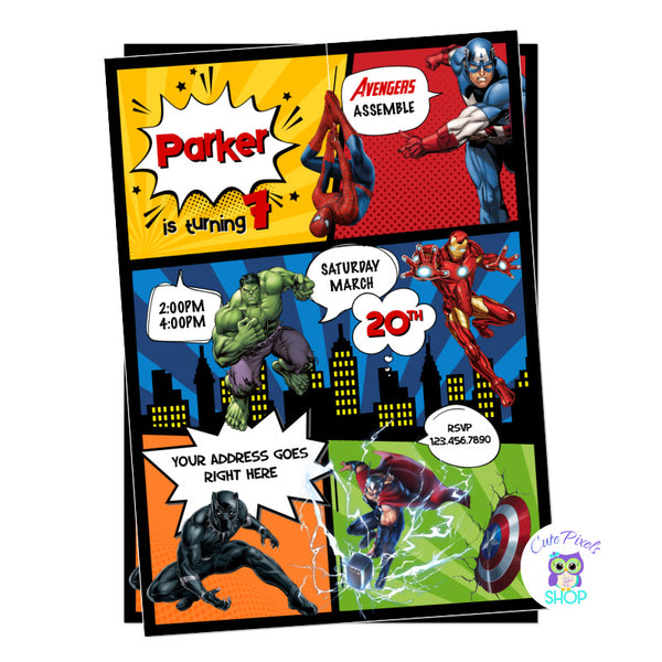 Avengers invitation in a comic style with all superheroes on it, Spiderman, Captain America, Hulk, Iron Man, Thor and Black Panther ready to a Birthday party