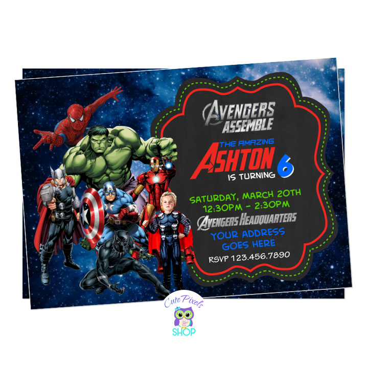 Avengers invitation with you child as an Avenger included. Have your child's photo included with a superhero cartoon effect together with Captain America, Iron Man, Hulk, Thor, Black Panther and Spiderman