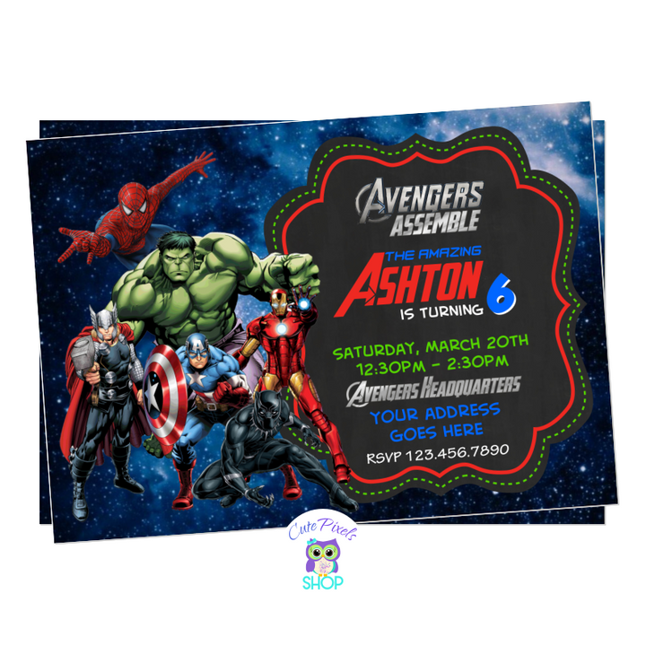 Avengers Invitation with all Superheroes ready for a birthday, including Captain America, Iron Man, Hulk, Thor, Black Panther and Spiderman