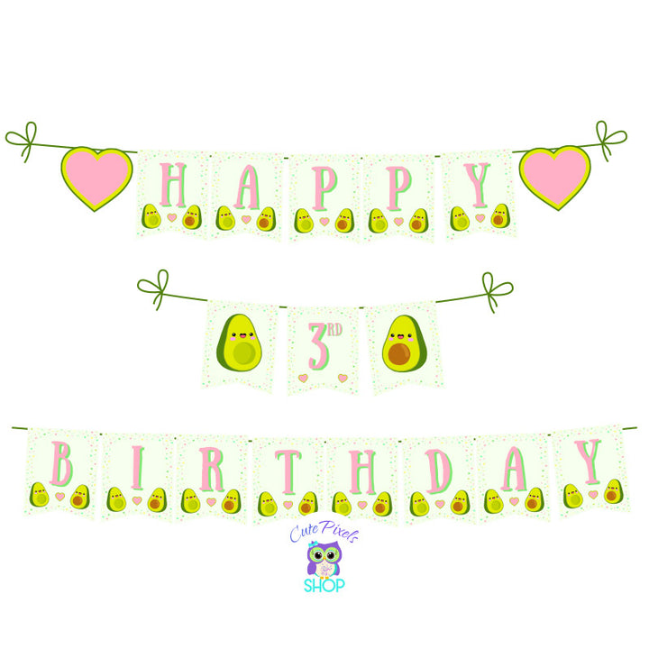 Avocado Birthday Banner. Bunting Banner with flags for an avocado party. Green background with hearts and confetti border.