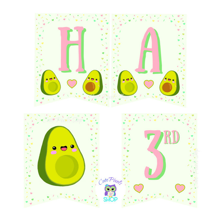 Avocado Birthday Banner. Bunting Banner with flags for an avocado party. Green background with hearts and confetti border. Detailed flags.