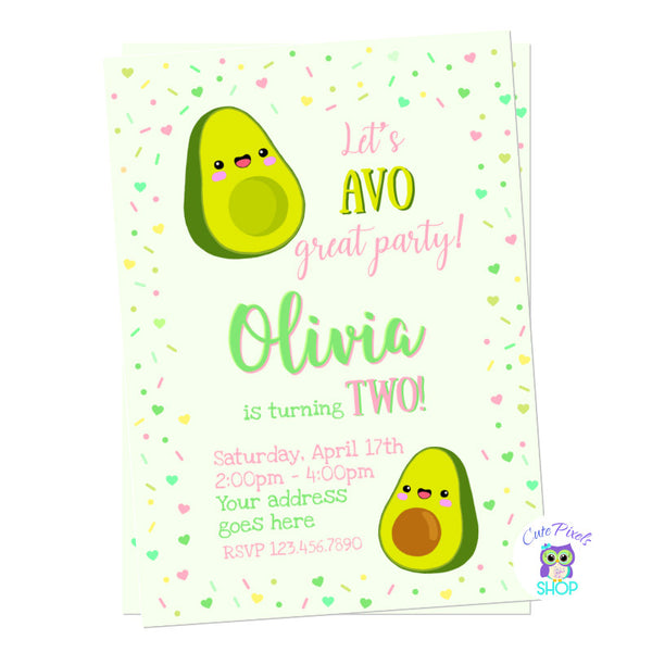 Avocado birthday invitation, cute avocados in a background full of greens and a touch of pink.
