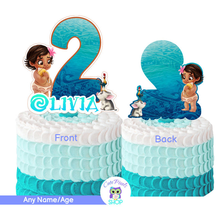 Moana cake topper with Moana as a baby and your child's age. Front and back for a double sided cake topper. You can also use as Centerpiece for a Moana Birthday Party