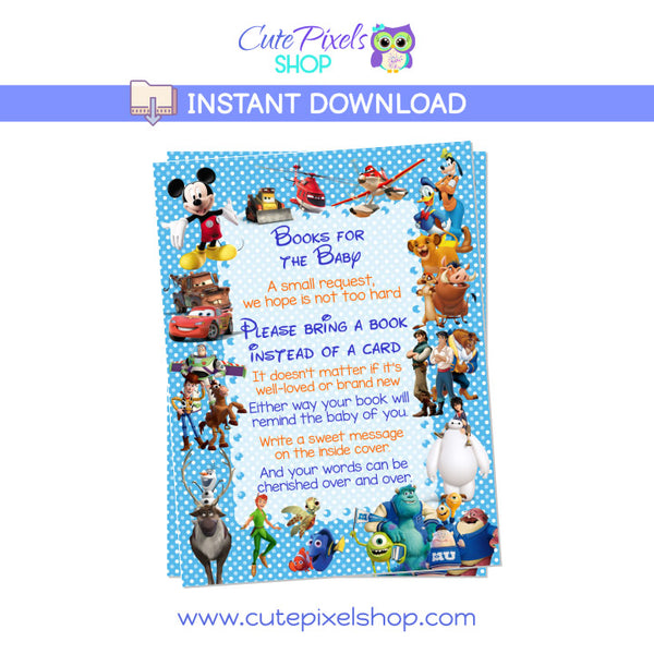 Baby Shower Bring a Book Card with all Disney Characters for boys, blue