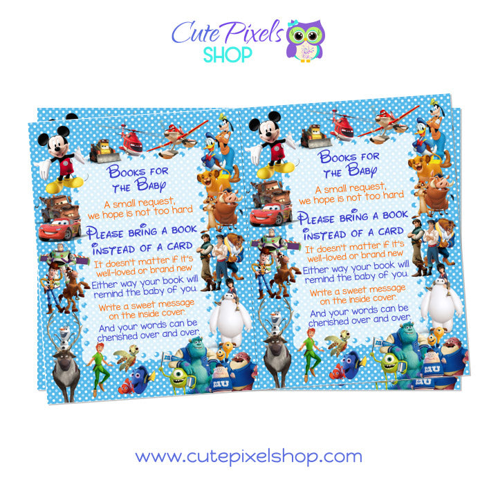 Baby Shower Bring a Book Card with all Disney Characters for boys, blue 4x6 file