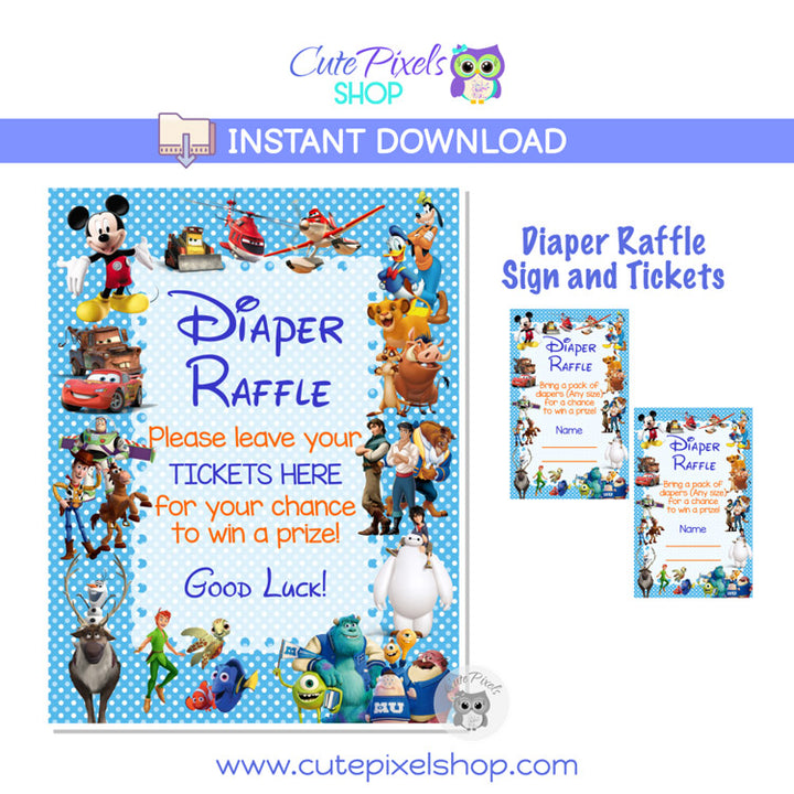 Baby shower game, Diaper Raffle with all Disney Characters on it. Blue for boys