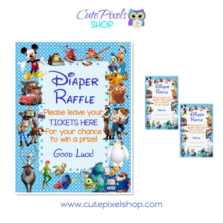Baby Shower Games, Diaper Raffle with Disney Characters for Boys, Blue. Sign and tickets