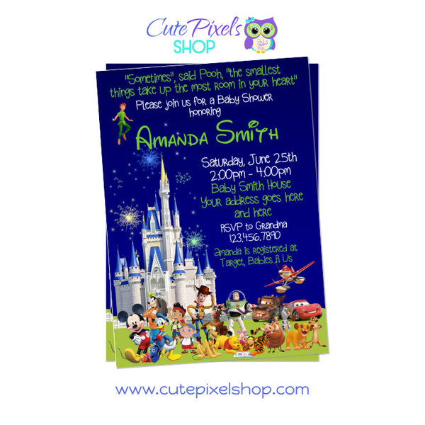 Disney Characters and Castle Baby Shower Invitation for Boys. Baby shower invitation with multiple Disney characters and the Disney castle.