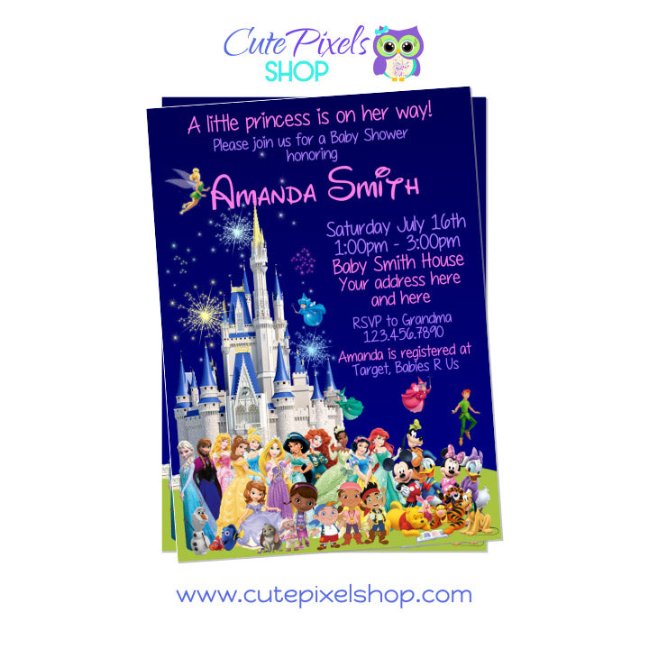 Disney Characters and Castle Baby Shower Invitation for Girls. Baby shower invitation with multiple Disney characters, princess and the Disney castle.