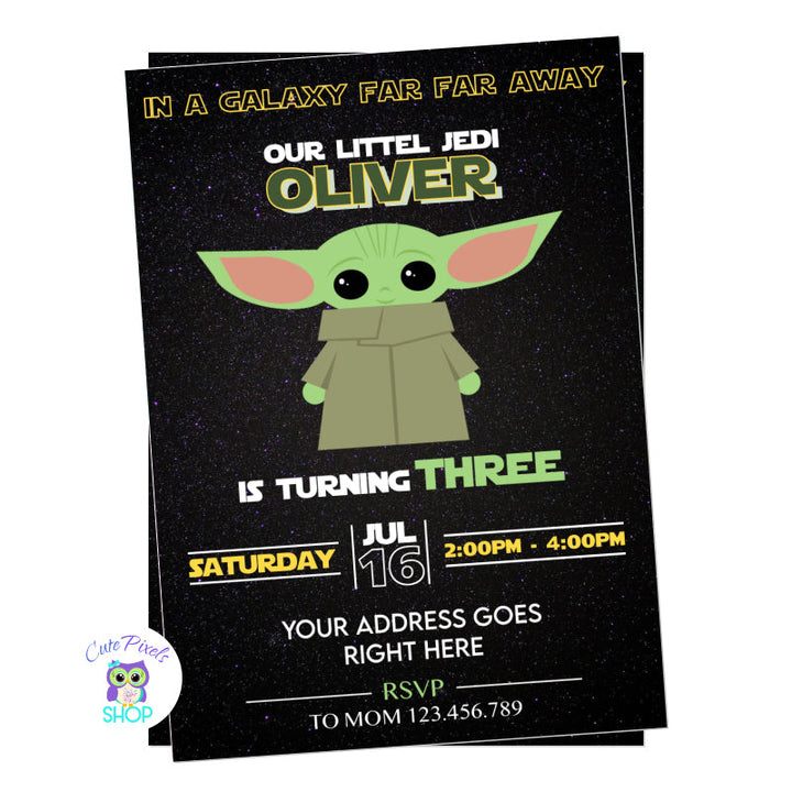 Baby Yoda invitation perfect for a Star Wars birthday party. Baby Yoda in a black galaxy background. Baby Yoda staring design