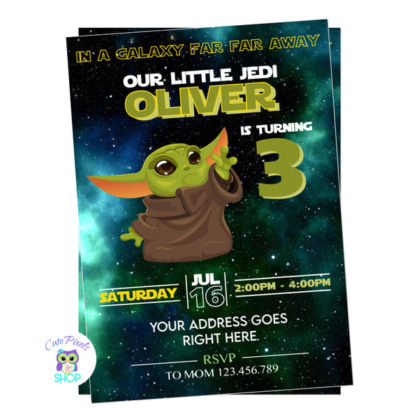 Baby Yoda invitation perfect for a Star Wars birthday party. Baby Yoda in a galaxy background. Baby Yoda pointing design