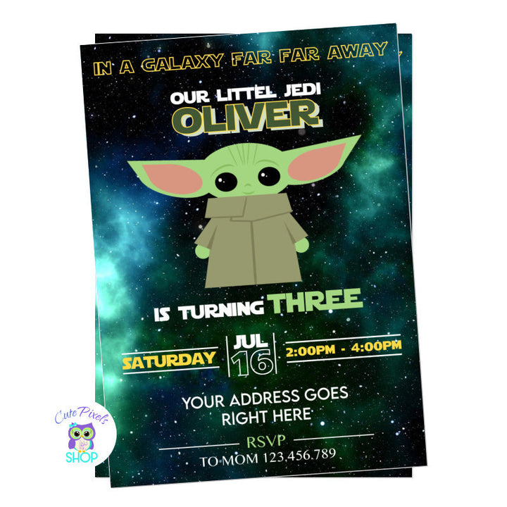 Baby Yoda invitation perfect for a Star Wars birthday party. Baby Yoda in a galaxy background. Baby Yoda staring design