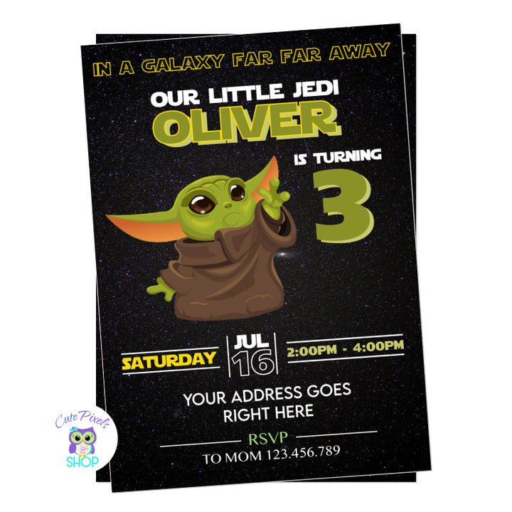 Baby Yoda invitation perfect for a Star Wars birthday party. Baby Yoda in a black galaxy background. Baby Yoda pointing design