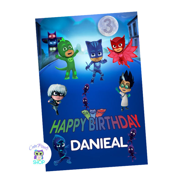 PJ Masks Backdrop Portrait, PJ Masks Birthday Banner with Gekko, Catboy, Owelette, Night Ninja, Romeo, Luna girl, Moths and ninjalinos