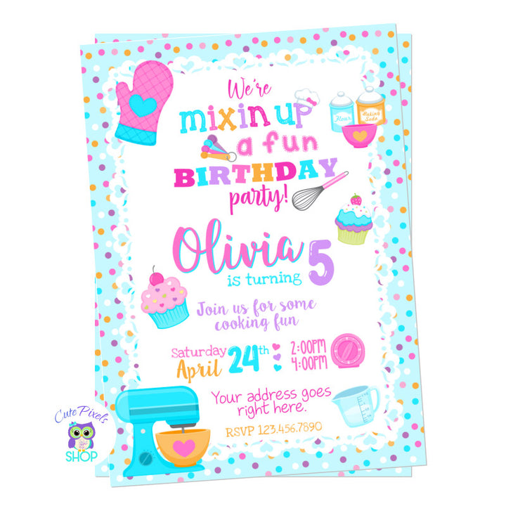 Baking party invitation with mixer, timer, oven mittens, bowls, spoons  and everything you need for a cute baking birthday party. Teal design