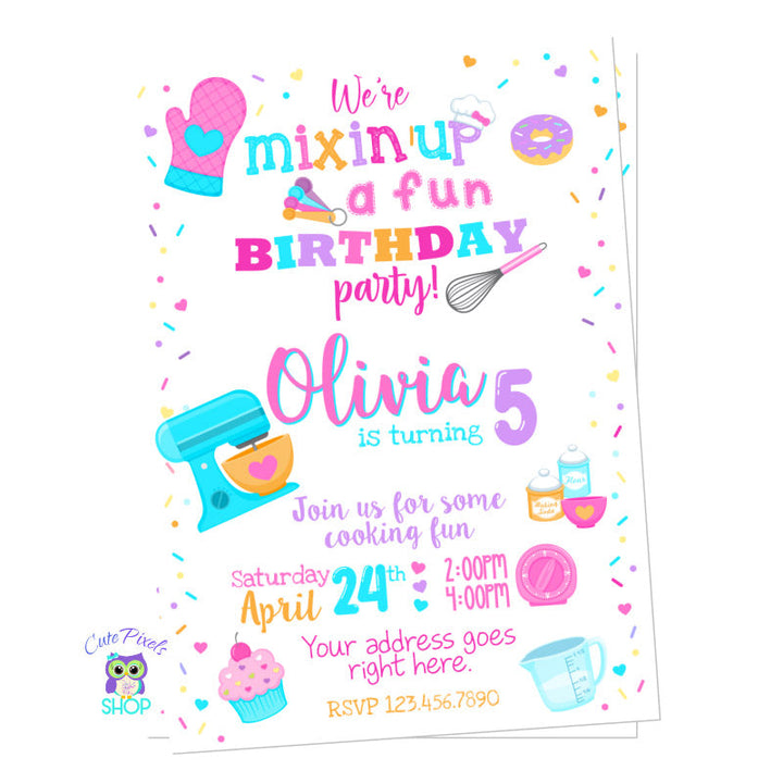 Baking party invitation with mixer, timer, oven mittens, bowls, spoons and everything you need for a cute baking birthday party.