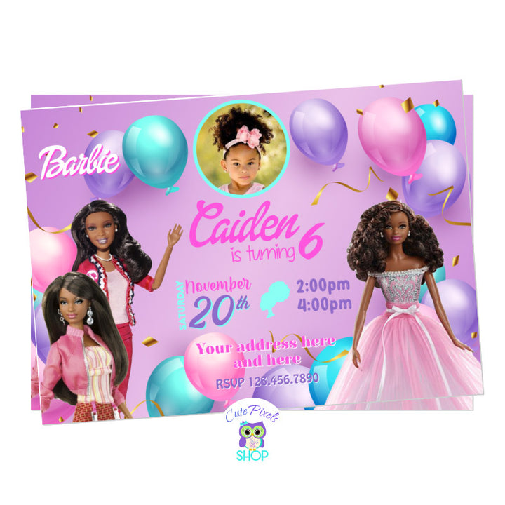 Barbie Invitation with pink and purple background, African American Babie dolls, balloons and gold sprinkle for a perfect African American barbie birthday