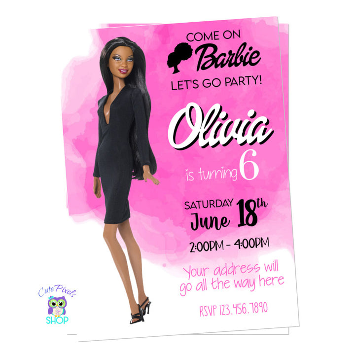 Barbie Invitation with and African American Barbie doll, perfect for you Barbie Birthday Party. Pink watercolor background with and African American Barbie. Black Dress