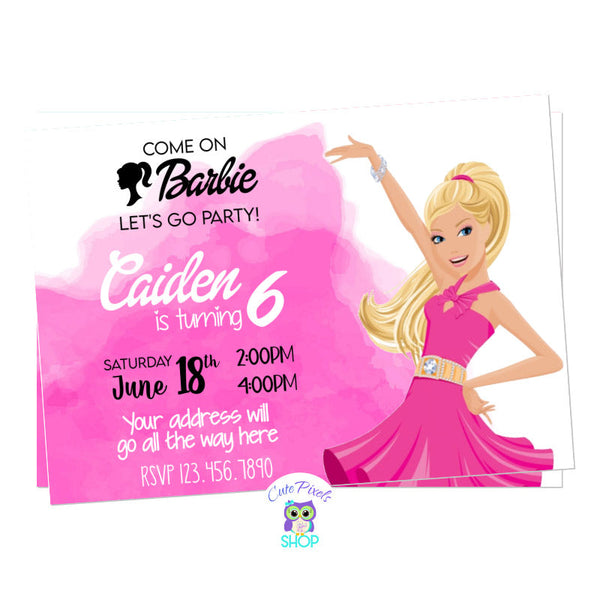 Barbie invitation with a watercolor pink background, perfect for a Barbie Birthday PartyPortrait design