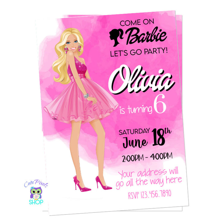 Barbie invitation with a watercolor pink background and a Glamorous barbie standing at one side. Perfect for a Barbie Birthday PartyPortrait design