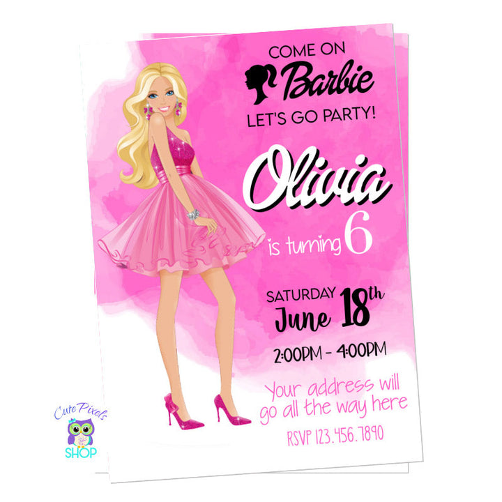 Barbie invitation with a watercolor pink background and a Glamorous barbie standing at one side. Perfect for a Barbie Birthday PartyPortrait design