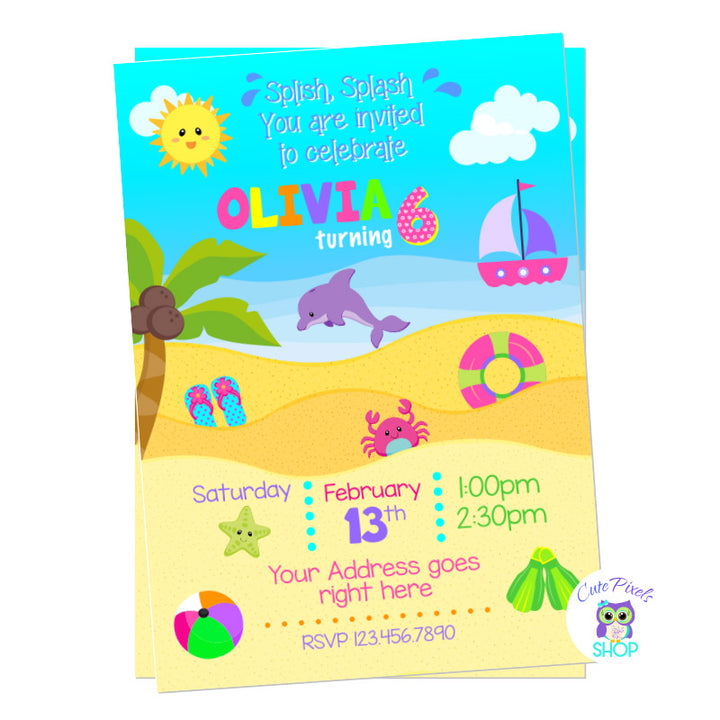Beach Birthday invitation with the beach, ocean and a cute sky with sun. Filled with beach stuff like Palm trees, Beach Ball, a little boat, crab, dolphin and sandals.
