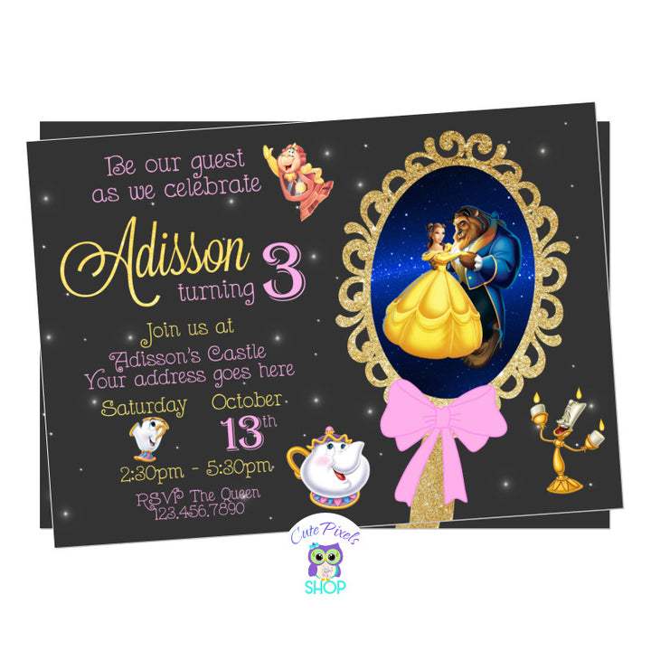 Beauty and The Beast invitation with a mirror, Belle, Beast, Potts, Lumiere and Cogsworth.