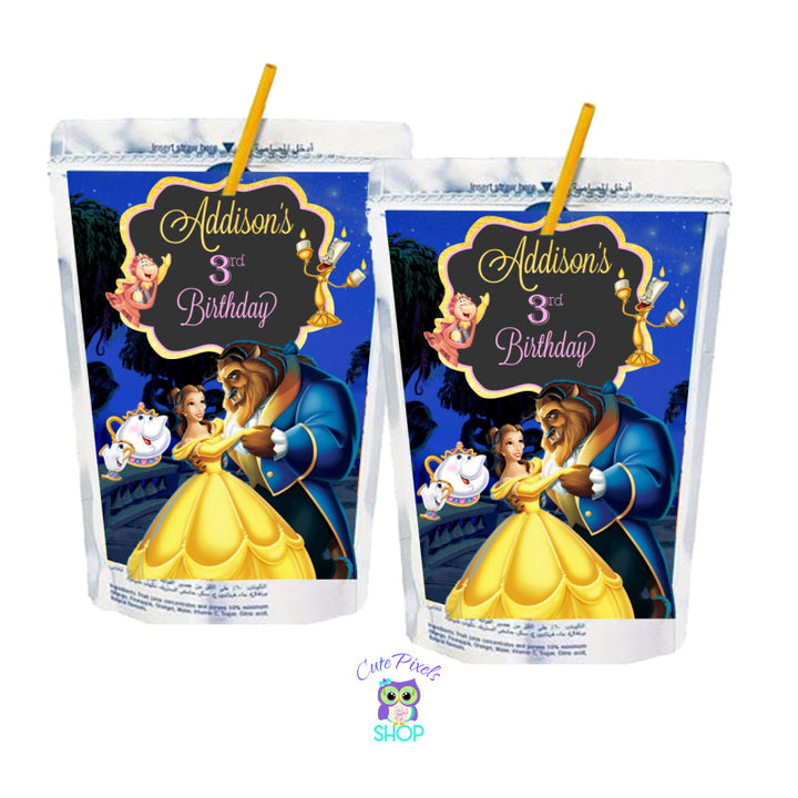 Beauty and The Beast Capri Sun Labels. Four drink labels to wrap around water bottle labels and decorate your Princess Belle birthday party. Beauty and Beast dancing with Lumiere, Mrs Pots, Chip and Cogsworth