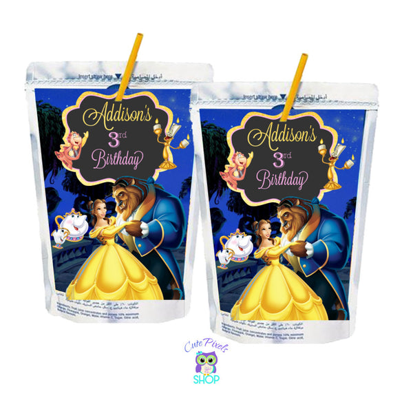 Beauty and The Beast Capri Sun Labels. Four drink labels to wrap around water bottle labels and decorate your Princess Belle birthday party. Beauty and Beast dancing with Lumiere, Mrs Pots, Chip and Cogsworth