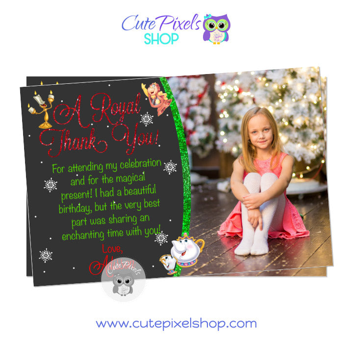 Beauty and The Beast Christmas Birthday thank you card with photo