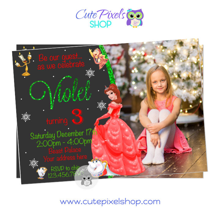 Beauty and The Beast Christmas Birthday Invitation with photo