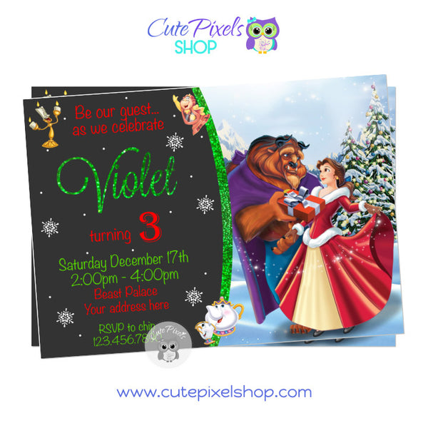 Beauty and The Beast Christmas Birthday Invitation. Perfect for a royal Christmas party with princess Belle and Beast