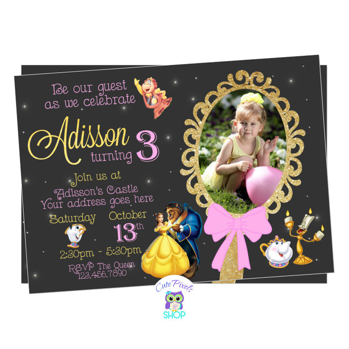 Beauty and The Beast invitation with a mirror, Belle, Beast, Potts, Lumiere and Cogsworth. Includes child's photo