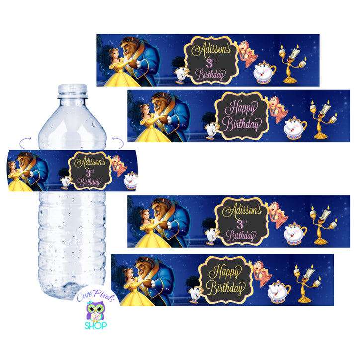 Beauty and The Beast Water Bottle Labels. Four drink labels to wrap around water bottle labels and decorate your Princess Belle birthday party. Beauty and Beast dancing with Lumiere, Mrs Pots, Chip and Cogsworth