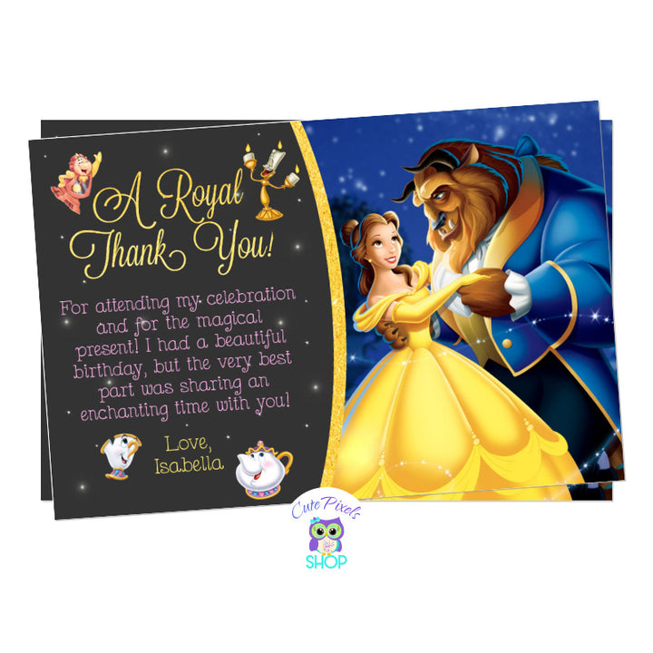 Beauty and The Beast Thank You Card. Princess Belle Card in pink, yellow and gold. Includes a picture of Beauty and the beast dancing with Mrs. Potts, Chip, Lumiere and Cogsworth