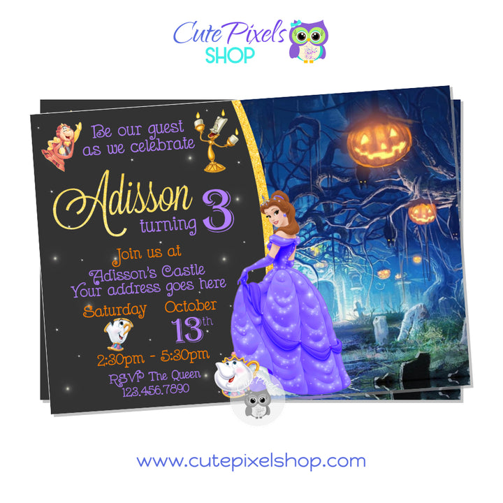 Beauty and the Beast Halloween Birthday Invitation. Princess Belle Halloween Invitation