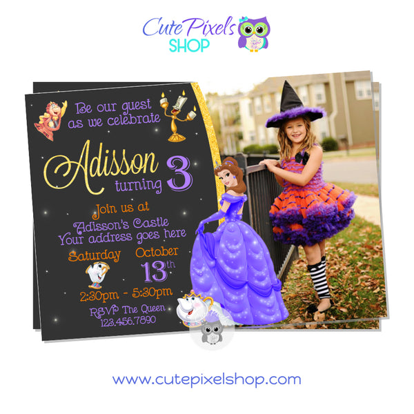 Beauty and the Beast Halloween Birthday Invitation with Photo. Princess Belle Halloween Invitation