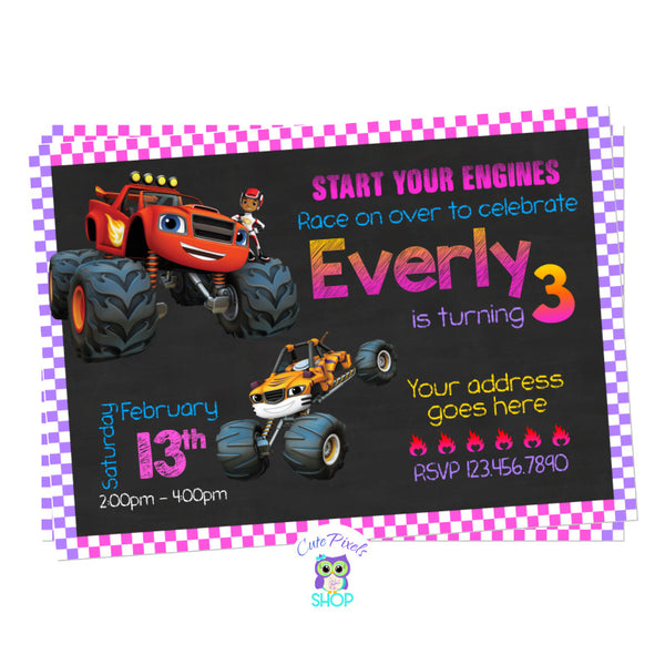 Blaze and the monster machines birthday invitation, monster truck birthday invitation with Blaze, Aj, Stripes and cute details on Pink and purple for girl who loves a good racing party