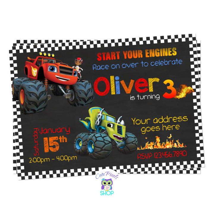 Blaze and the monster machines birthday invitation, monster truck birthday invitation with Blaze, Aj, Zeg and racing checkered frame for a boy who loves a good racing party