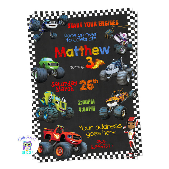 Blaze and the monster machines invitation with all monster machines, Blaze, Aj, Stripes, Pickle, Zeg, Crusher and Darrington. Black design