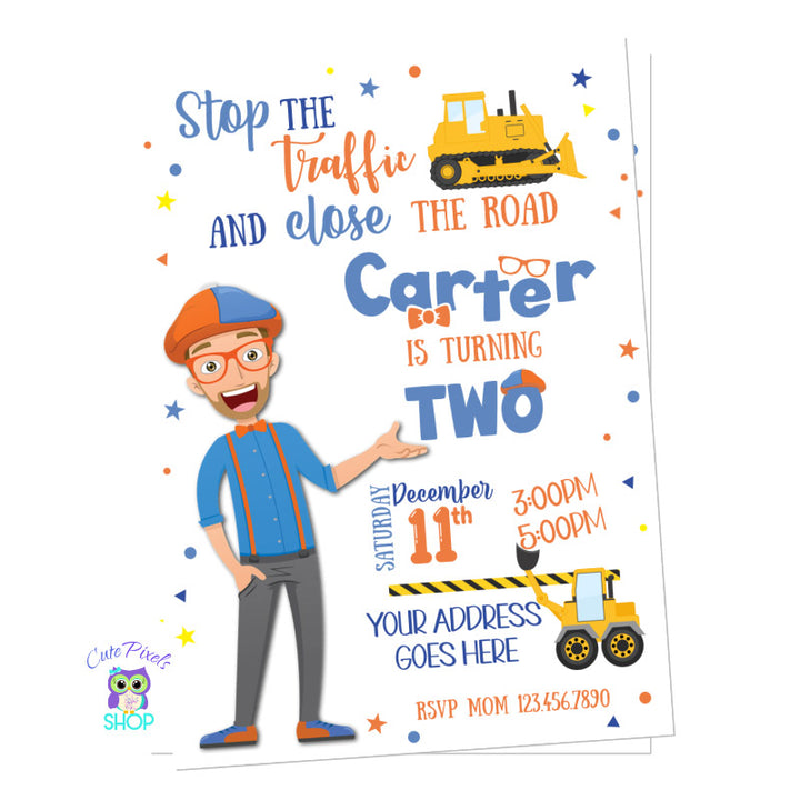 Blippi Invitation. Has Blippi on it with some construction and road equipment. Child name as Blippi logo, perfect for a Blippi Birthday o r construction Birthday party